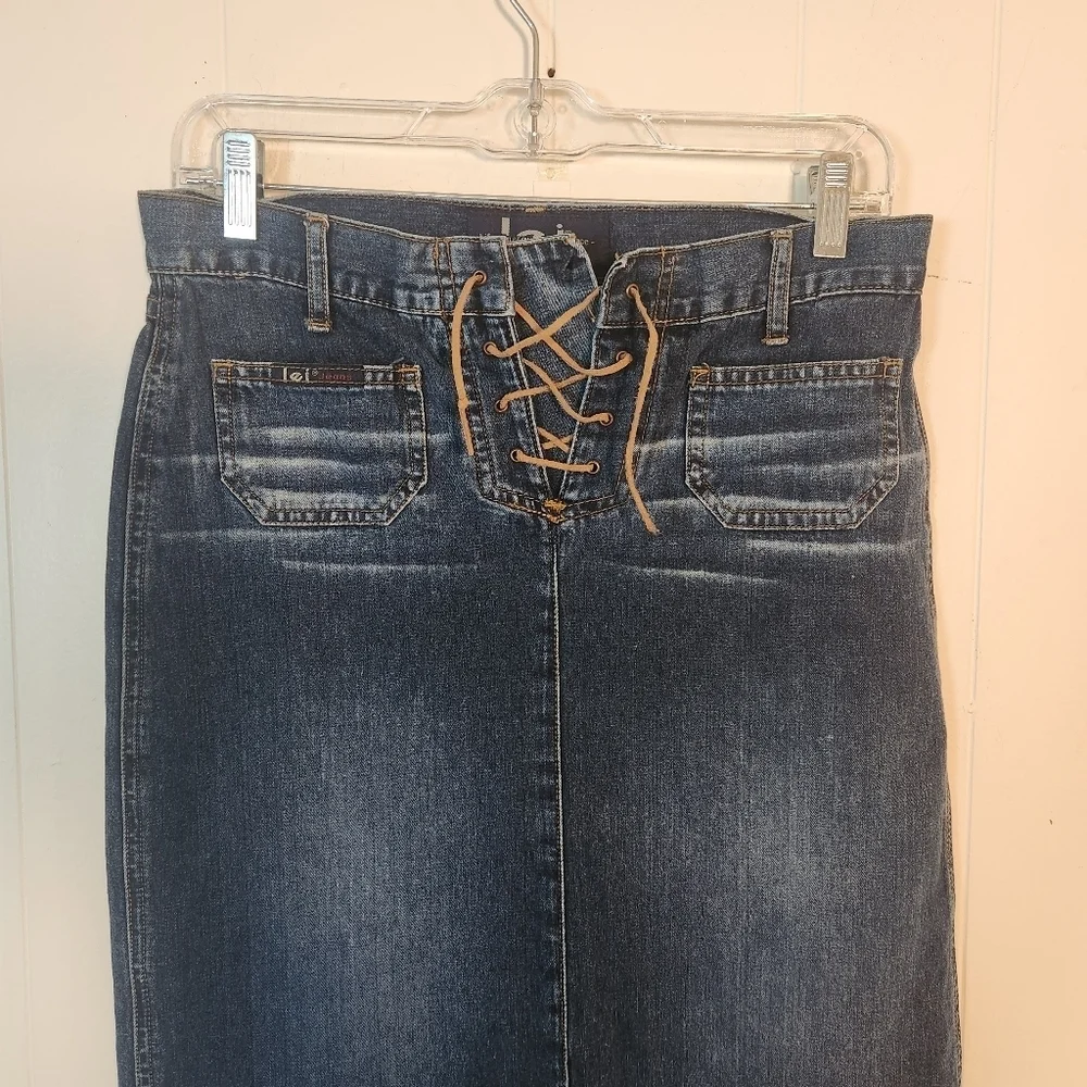 Vintage LEI Midi Length Denim Skirt Leather Lace-up Front Slit Sz Small 90s Y2k
